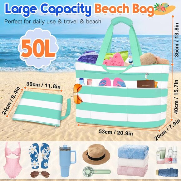 Women's Green White Waterproof Sandproof Xl Tote Zipper Foldable Beach Bags - Picture 4 of 8